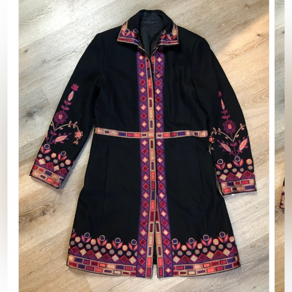 Peter Nygard Black Trench Coat with Colorful Embroidery
